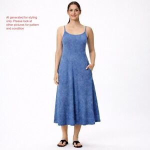 Pact Organic Cotton Blue White Cross Back Midi Dress Shelf Bra Pockets S